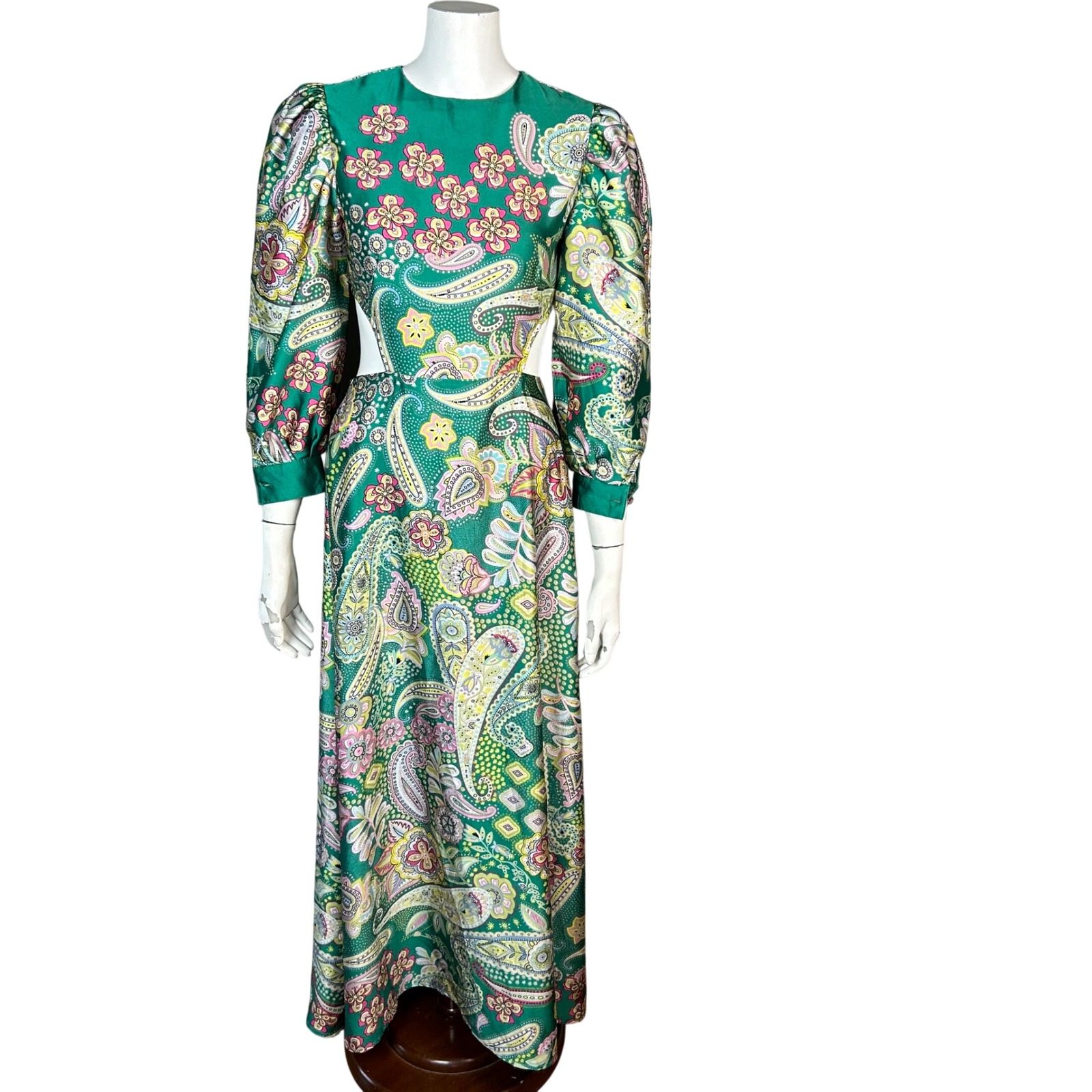 Nasty Gal Collection Regency Maxi Dress Size 2 Green Paisley Cutout Puff Sleeve